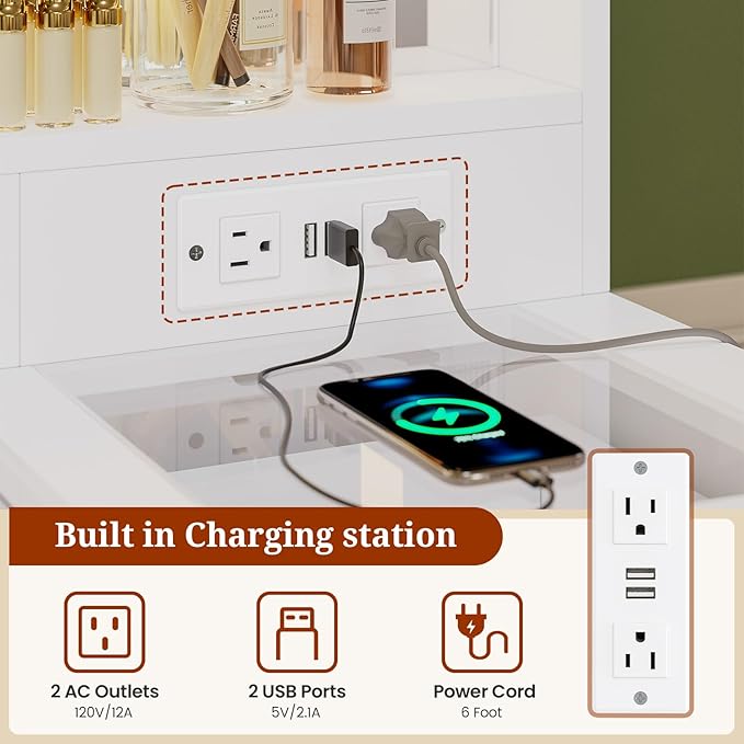 49.3“Large LED Mirror with Lights,Makeup Vanity Desk with 6 Drawers,Power Outlet,Glass Tabletop,Storage Shelf,Rolling Makeup Cart,Hairdryer Rack White