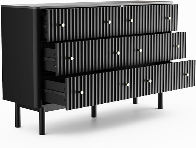 Fluted 6 Drawers Dresser for Bedroom, 54" Wide Modern Chest of Drawers with Faux Marble Top, Curved Profile Design, Solid Wood Legs, Wodden Dresser TV Stand, Storage Organizer for Bedroom, Black