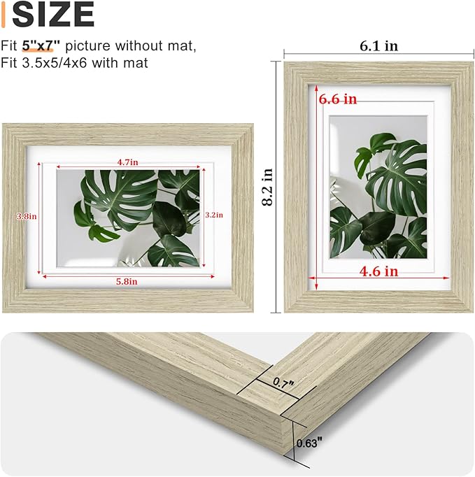 Egofine 5x7 Picture Frame Made of Solid Wood,Covered by Plexiglass Display Pictures 3.5x5/4x6 with Mat or 5x7 Without Mat for Table Top Display and Wall Mounting Photo Frame, Distressed Wood Grain