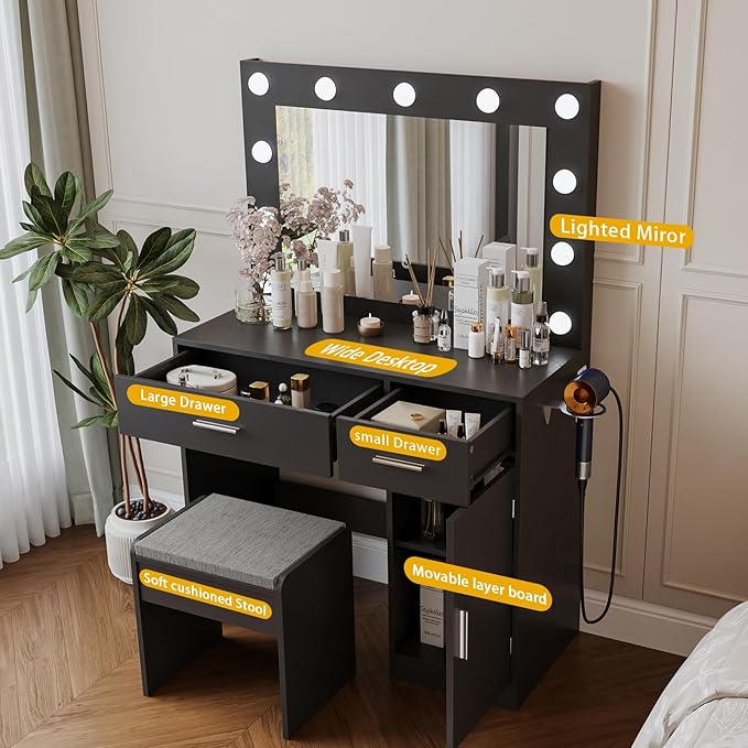 Vanity, Vanity Desk with Mirror, Large Drawer and Power Socket with 11 Light Bulbs and 3 Adjustable Lighting Modes, Vanity Table Ideal for Bedroom (Black)