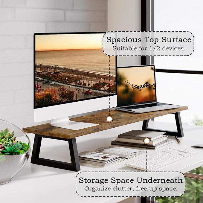 TEAMIX 31.5 inch Dual Monitor Riser for 2 Monitors, Long Monitor Stand Riser TV Stand Riser Monitor Stand for Desk Wood & Steel Desktop Riser Desk Organization Home Office