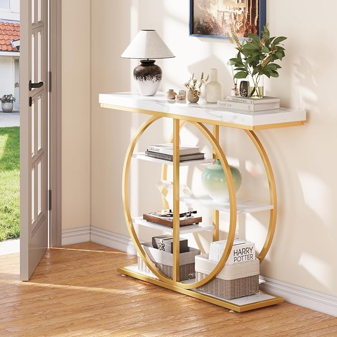 41.3" Console Table for Entryway, Industrial Hallway Sofa Table with Storage Shelves, Narrow Accent Decor Living Room Furniture with Circle Base for Foyer, Entrance, White Gold
