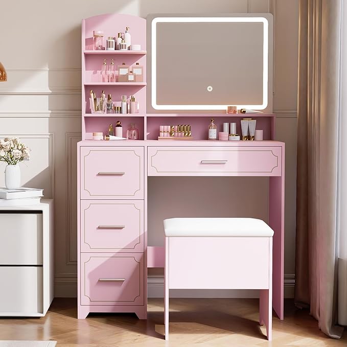 Vanity Table with LED Mirror & Power Outlet - 5 Open Shelves, 4 Drawers - Includes Padded Stool - Ideal Bedroom Makeup Dressing Table （Pink）