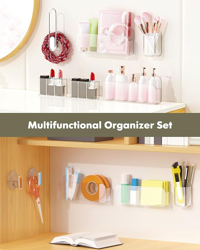 Medicine Cabinet Door Organizer, 8-Pack Bathroom Mirror Cabinet Door Storage, Clear Acrylic Cosmetic Display Case Adhesive Wall-Mounted Shelves Vanity Makeup Organizers Caddy Holder for Lipstick