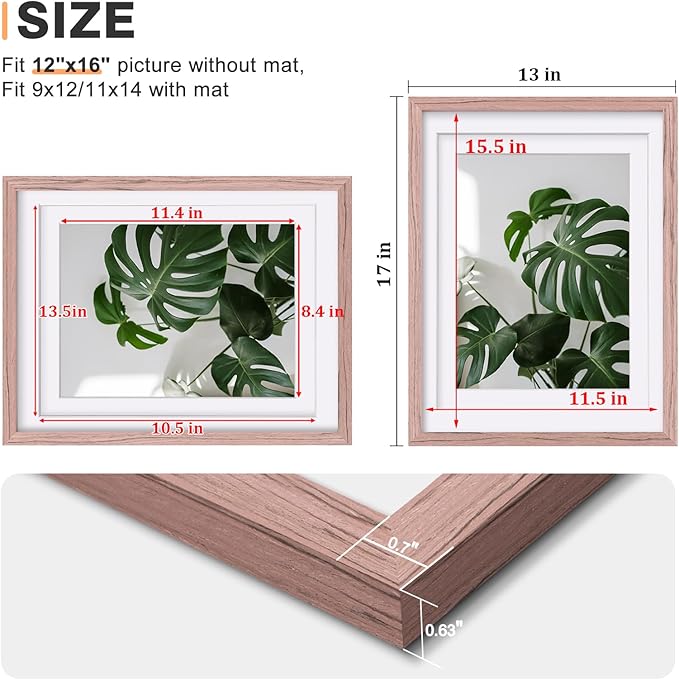Egofine 12x16 Picture Frame Made of Solid Wood, Display Covered by Plexiglass, Display Pictures 9x12/11x14 with Mat or 12x16 Without Mat for Wall Mounting, Peach Pink