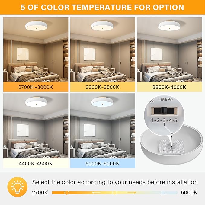 Dimmable LED Ceiling Light Fixture, 2700K-6000K 5CCT Modern Mid-Century Semi Flush Mount Ceiling Light, White Close to Ceiling Lamp for Bedroom, Living Room, Kitchen, Laundry Room, 15.7in