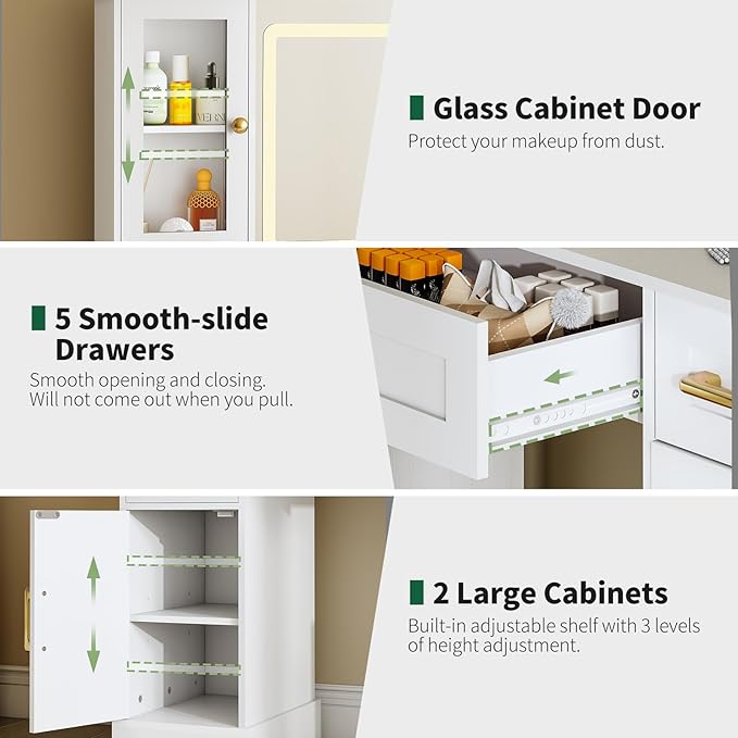 Makeup Vanity Desk with Mirror and Lights - 55.2in Vanity Table with 5 Drawers & Adjustable Cabinets, Large Makeup Vanity, Wood Farmhouse Dressing Table White Vanity Desk for Bedroom, 3 Lighting Modes