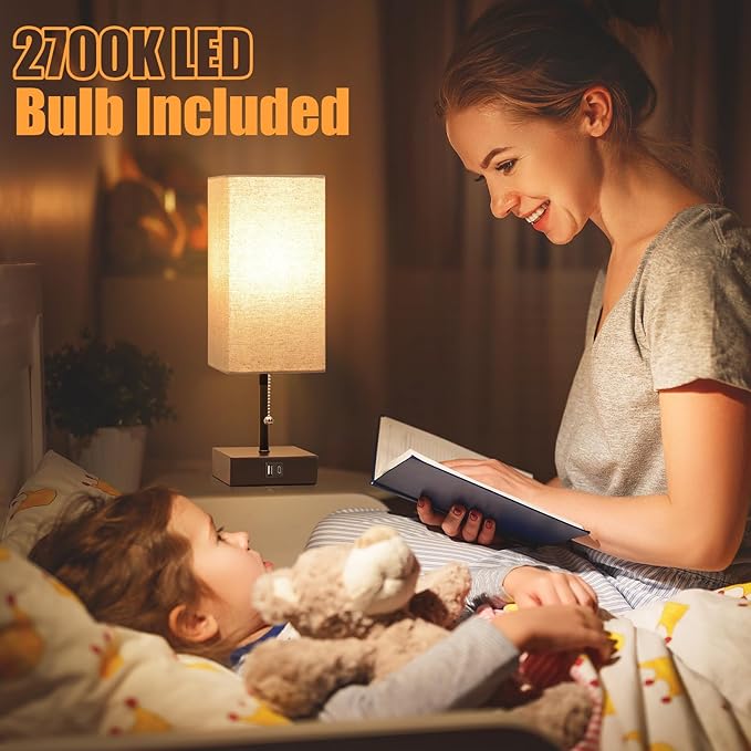 GGOYING Bedside Table Lamp, Pull Chain Table Lamp with USB C+A Charging Ports, 2700K LED Bulb, Fabric Linen Lampshade, Nightstand Lamp for Livingroom Bedroom Office Reading Working