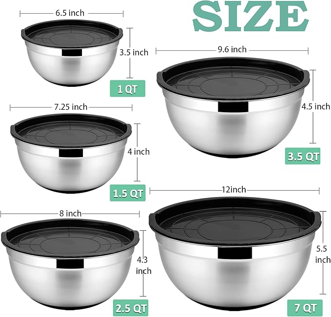 P&P CHEF Mixing Bowls with Lids Set of 5, Stainless Steel Nesting Salad Bowl with Lid & Base for Non-slip Mixing Prepping Storing Serving, 5 Sizes-7/3.5/2.5/1.5/1 QT, Black
