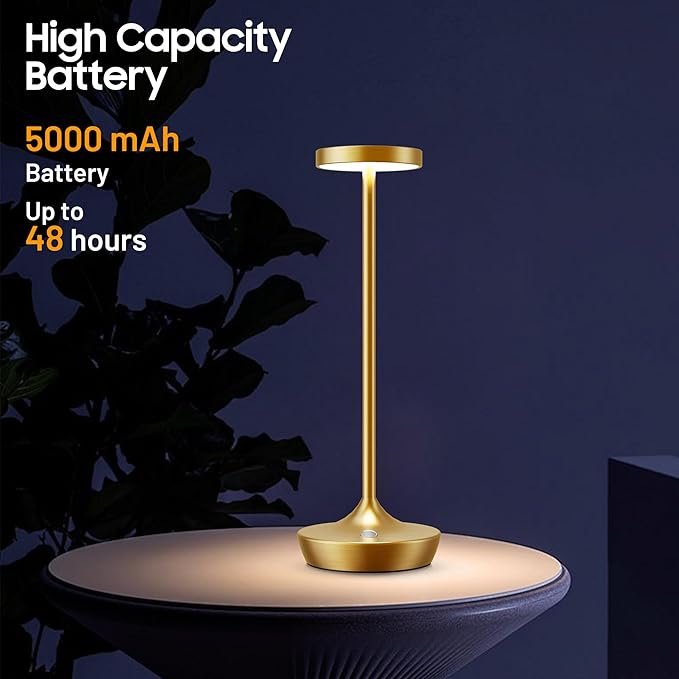 Cordless Table Lamp, Battery Operated LED Desk Lamp, 3-Color Stepless Dimming, Portable & Waterproof, for Restaurants, Bedrooms, Bars, Outdoor Parties, Camping, and Cafes (Gold)