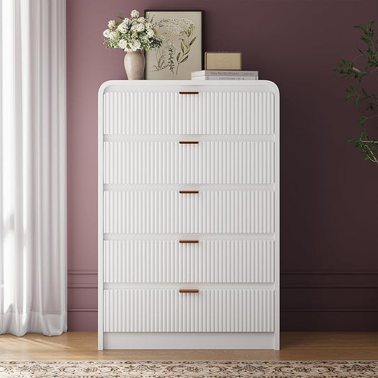 FURSUN Fluted 5 Drawers Dresser for Bedroom, 48" Tall Wooden Modern Dresser with Metal Handle, Curved Profile Design, Storage Organizer for Living Room, Hallway (White)