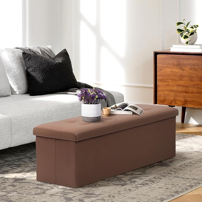 Athena Collection Leather Ottoman Bench with Storage, 43 Inches Large End of Bed Storage Ottoman Bench, 130L Load 220 Lbs Foot Rest for Bedroom, Living Room, Entyway, Brown