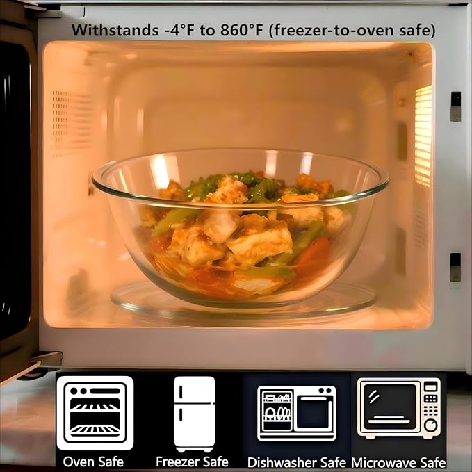 Large Borosilicate Glass Mixing Bowls Set of 2 (6.4Qt, 3.7Qt) - Nesting & Lead-Free, Microwave, Dishwasher, Oven & Freezer Safe - for Baking, Meal Prep, Serving