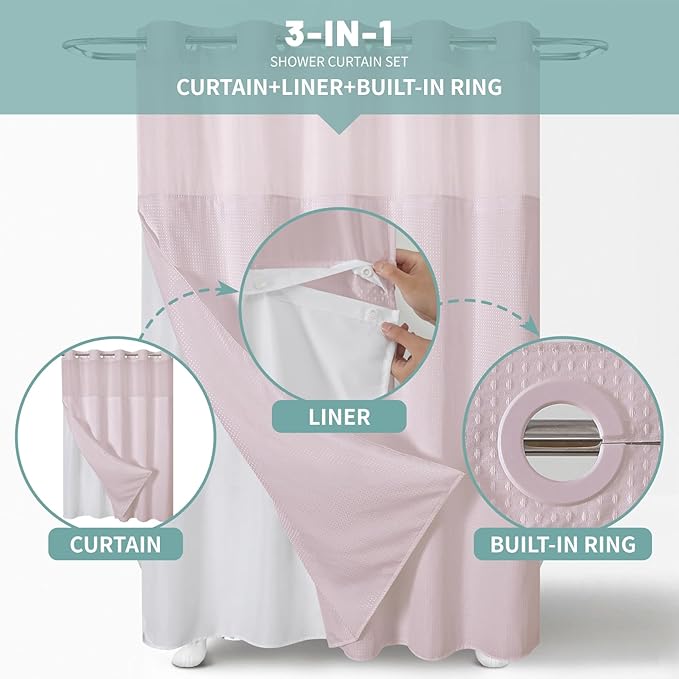 BlushPink No Hook Waffle Weave Shower Curtain with snap-in Liner Replacement, 230GSM Waterproof Fabric Hotel Shower Curtain Set for Bathroom, Through Mesh Top Window,71Wx77H