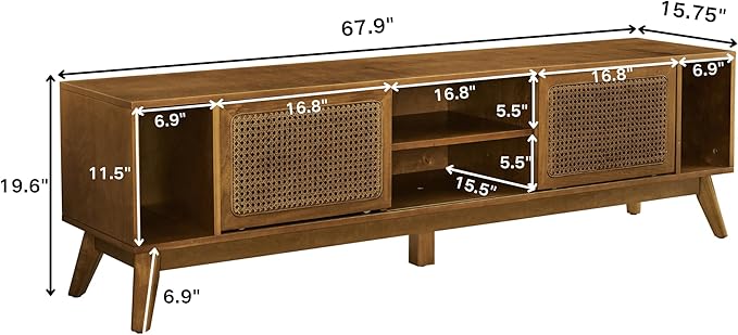 68 Inch Mid Century Modern TV Stand with Rattan Doors, MCM Entertainment Center Media Console for 60/65/70/75 inch TVs, Long Boho Television Stand for Living Room, Light Walnut