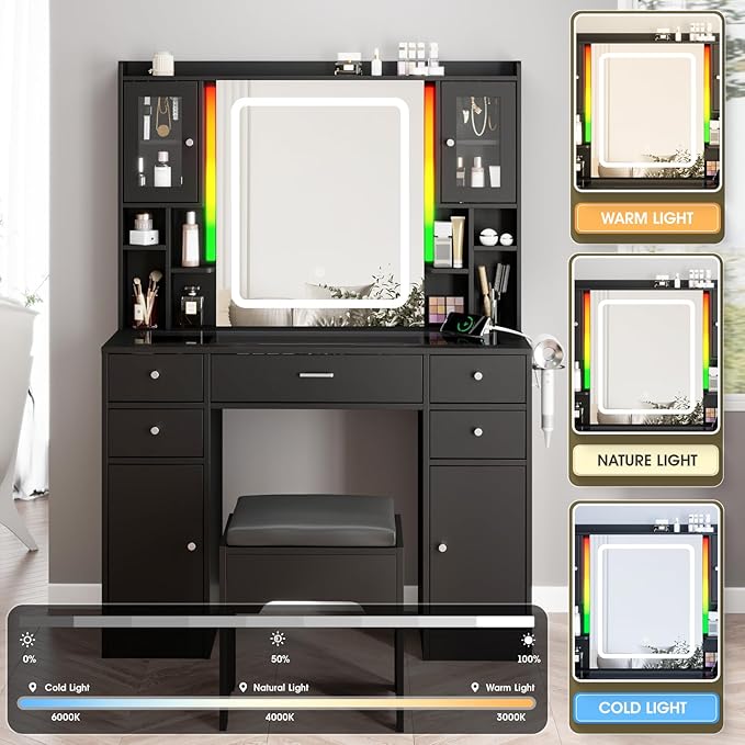 Black Vanity Desk with LED Mirror,Makeup Vanity with Charging Station & RGB Lights,5 Drawers 4 Shelves Makeup Desk Vanity Table Stool Set with Glass Table Top & Time Display Lights