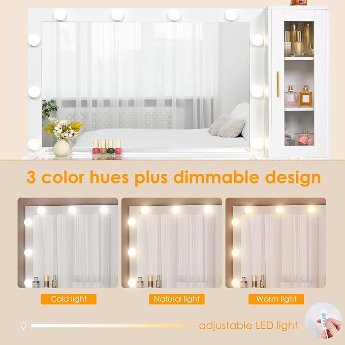 BEWISHOME 49.2" Large Vanity Desk with Mirror and Lights,White Makeup Vanity Table with Glass Top,Stool,Makeup Desk with Power Outlet,5 Drawers,Nightstand,Dressing Table for Bedroom Women FST34W