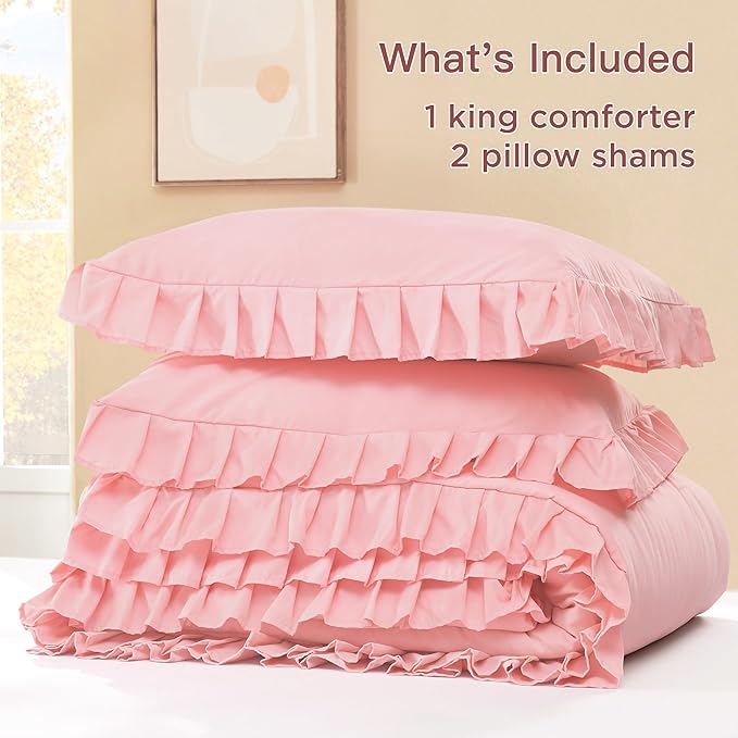 Litanika Pink King Size Comforter Set, 3 Pieces Ruffle Farmhouse Aesthetic Bedding Comforter Set, All Season Soft Lightweight Fluffy Microfiber Bed Set(104x90In Comforter, 2 Pillowcases)
