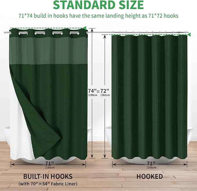 No Hooks Needed Linen Textured Shower Curtain with Snap-in Fabric Liner Set,Hotel Luxury Decor Shower Curtains for Bathroom with Mesh Top Window,Waterproof & Washable,71Wx74H,Emerald Green
