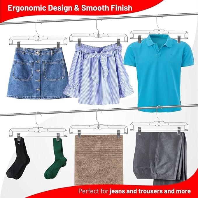 DEILSY™ Skirt Hangers 50 Pack Pants with Clips Hanger Shorts Clear Plastic Clothes with Adjustable Clip Non-Slip Clothes Hanger Perfect for Pant, Pack of 50