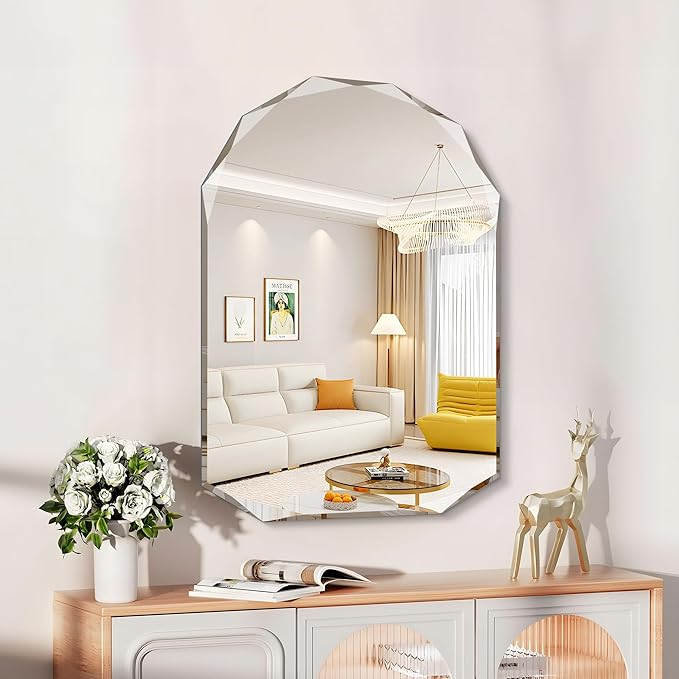 KOCUUY 24"x36" Frameless Mirror, Arched Shape with Diamond-Shaped Beveled Edge,Unframed Decorative with Upgraded Shatterproof Glass,Unique Frameless Mirror for Bathroom,Living Room,Bedroom