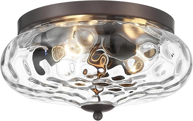 Darkaway Large Ceiling Light Fixtures, 3-Light Flush Mount Indoor Outdoor Ceiling Light with Water Ripple Glass Shade for Porch Hallway Kitchen Living Room Bronze Finish