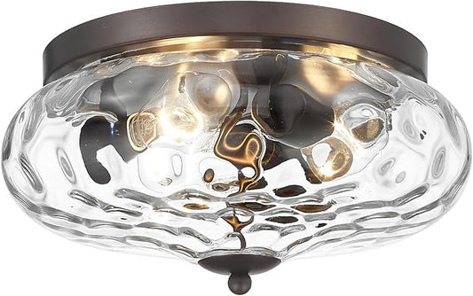 Darkaway Large Ceiling Light Fixtures, 3-Light Flush Mount Indoor Outdoor Ceiling Light with Water Ripple Glass Shade for Porch Hallway Kitchen Living Room Bronze Finish