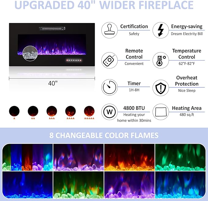 Fireplace TV Stand for TVs up to 75", Modern High Gloss Entertainment Center with 40" Fireplace, 4 Shelves & Storage Cabinets, Media Console Table 68 Inches, Black