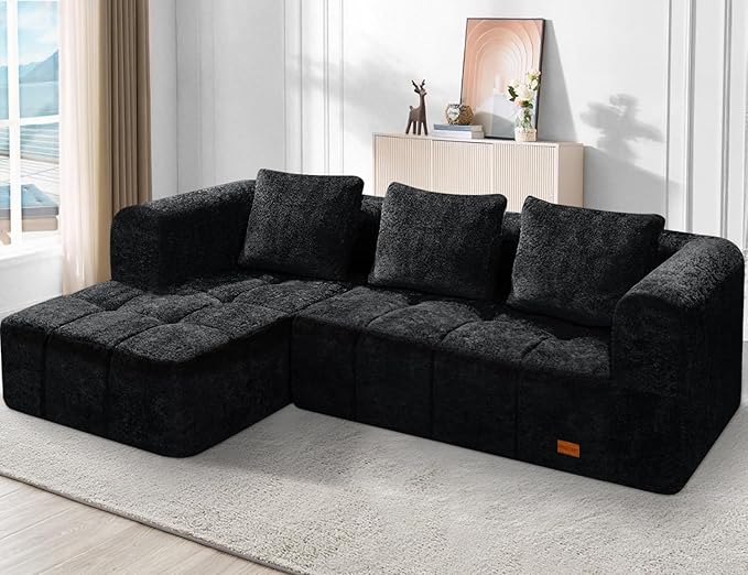 HABUTWAY 105" L-Shaped Modular Sectional Sofa, No Assembly Required Deep Seat Couch with 3 Pillows, Soft Fabric Upholstered, Modern Chaise Lounge for Living Room, Bedroom,Black