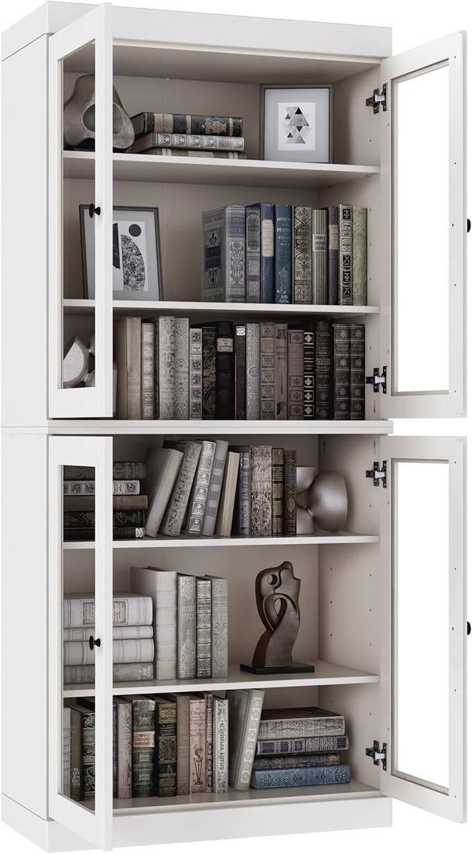 Palace Imports Solid Wood Bookcase - 6-Tier Tall Bookshelf, 71.5” H x 32” W - White, Clear Glass Cabinet Doors & Adjustable Shelves for Living Room, 100% Renewable Eco-Friendly Wood, Made in Brazil
