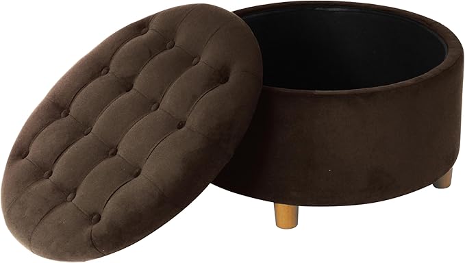 HomePop Home Decor | Button Tufted Velvet Round Storage Ottoman | Ottoman with Storage for Living Room & Bedroom, Chocolate Brown Velvet