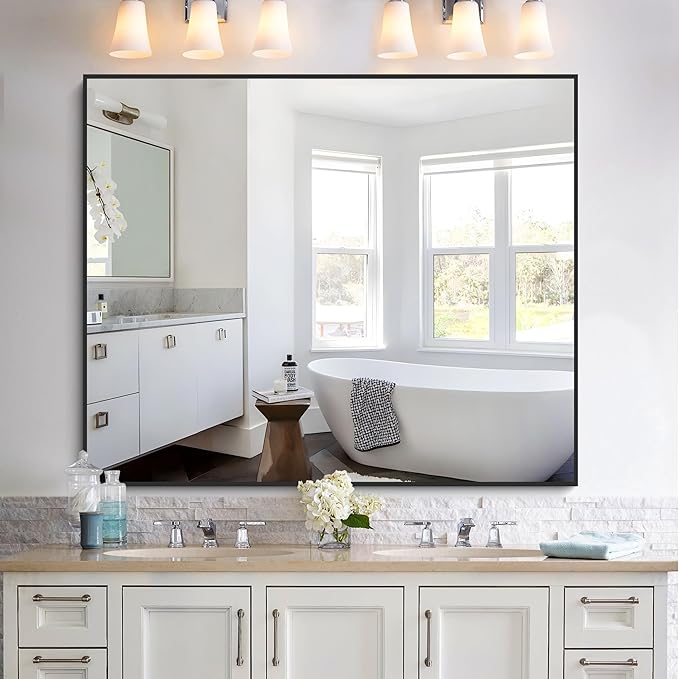 KOCUUY Black Bathroom Mirror, 40"x48" Large Rectangular Mirror with Metal Frame, Black Vanity Mirror with Modern Design for Bathroom, Living Room, Entryway, Hang Horizontal/Vertical