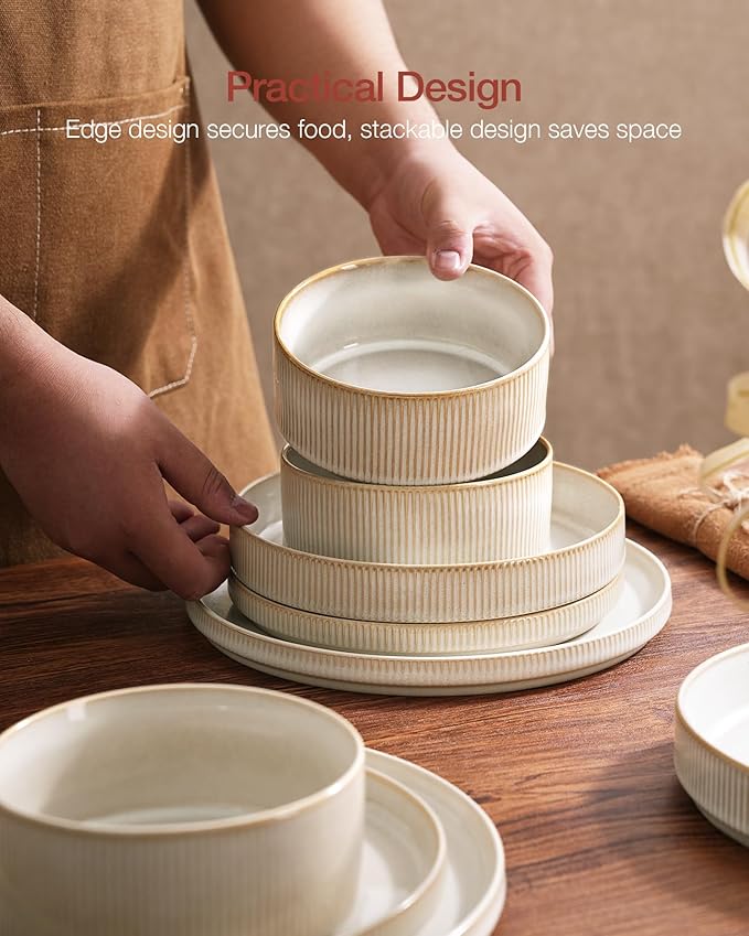 Famiware Star Dinnerware Sets, Plates and Bowls Set for 4, 12 Pieces Ribbed Dishes - Chip and Scratch Resistant, Microwave and Dishwasher Safe Tableware, Cappuccino White