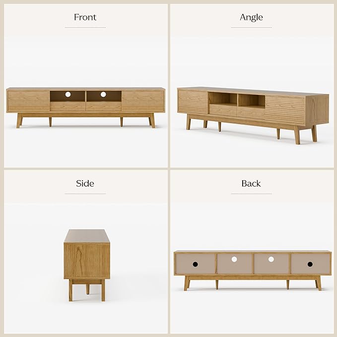 70" TV Console, Mid Century Modern Media Console for 55/65/75 Inch TV, Low Profile TV Stand with Fluted Sliding Doors, Boho Light Wood Credenza for Living Room, Oak