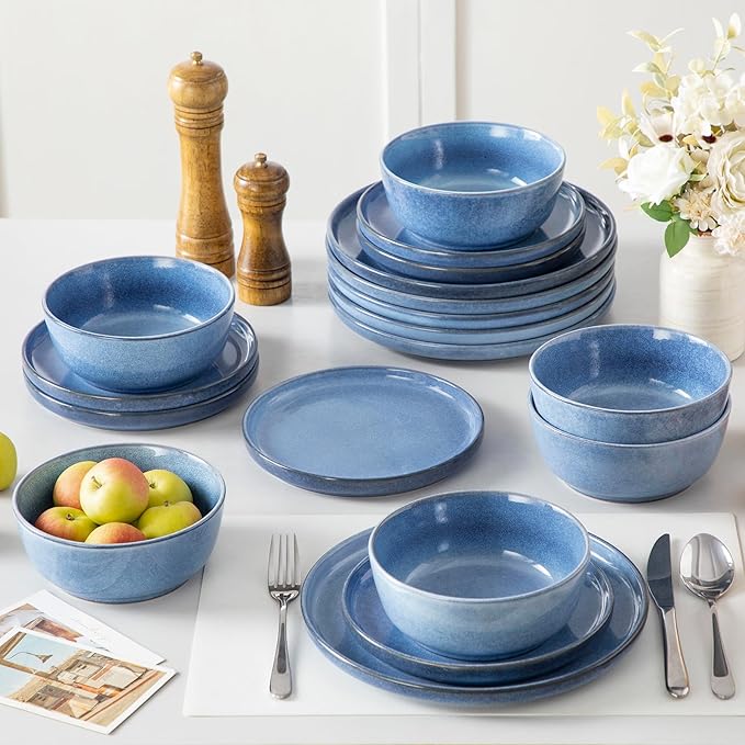vancasso ANYA 18 Pieces Plates and Bowls Set, Blue Dinnerware Sets, Reactive Glaze Dishes Set for 6, Ceramic Dishware Sets Kitchen Dinner Set, Microwave & Dishwasher Safe