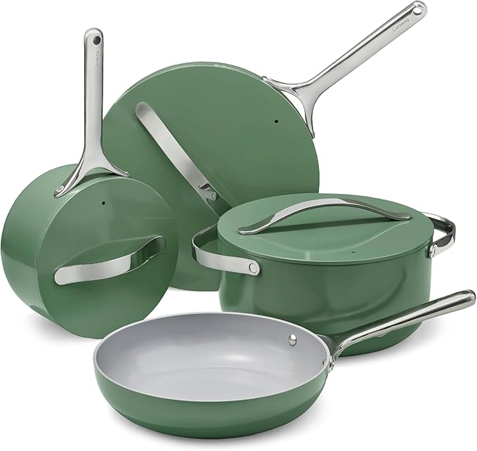 Caraway Nonstick Ceramic Cookware Set (12 Piece) Pots, Pans, Lids and Kitchen Storage - Non Toxic - Oven Safe & Compatible with All Stovetops - Sage