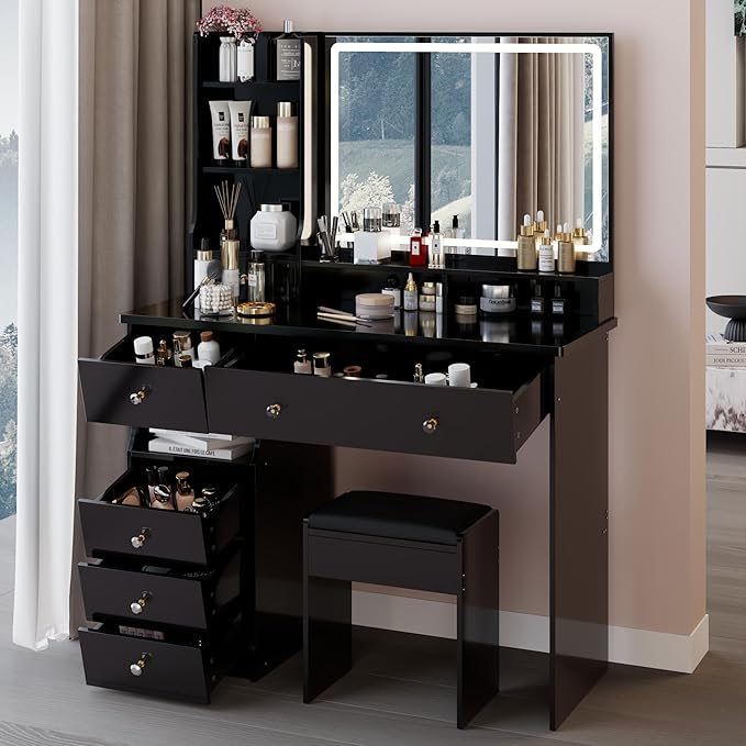 41" Vanity Desk with Mirror and Lights, Makeup Table with Led Mirror, 3 Lighting Colors, Vanity Set with 6 Drawers and Stool for Bedroom, Black