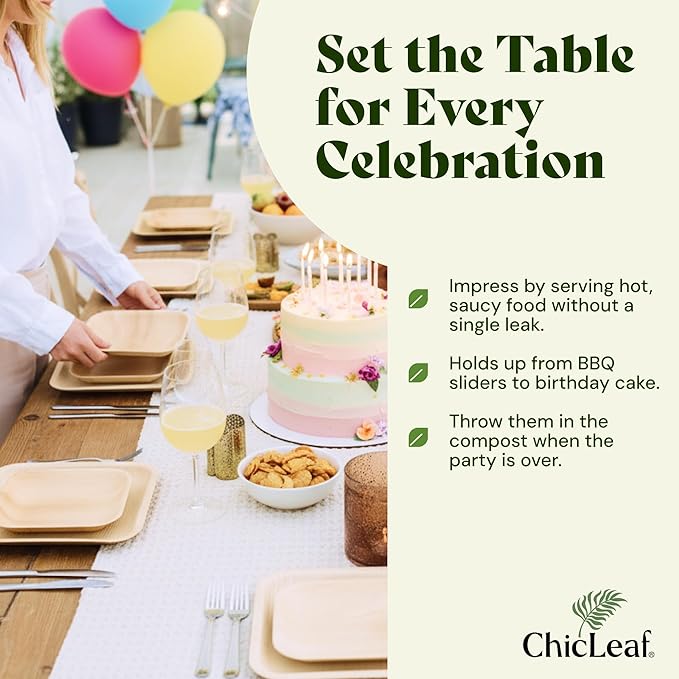 Chic Leaf Compostable & Biodegradable Palm Leaf Disposable Bamboo Plates - Disposable Party Plates for Appetizers, Christmas Dinner, Holiday Meal, Turkey - Party Supplies (4'' - 50 Pack)
