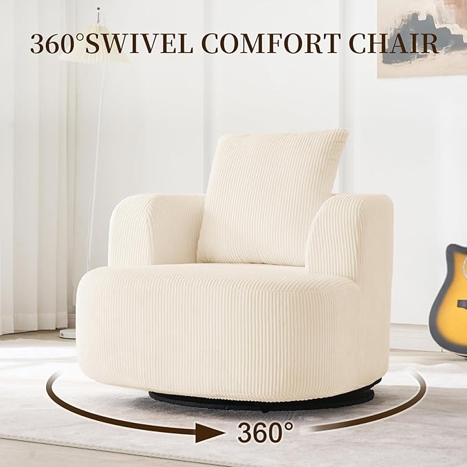 Furnimart 360° Swivel Barrel Accent Chair Set of 2, Round Upholstered Comfy Lounge Chair, Corduroy High-Resilienc Foam Single Sofa, No Assembly Wide Seat for Living Room, Bedroom, Apartment (Beige)