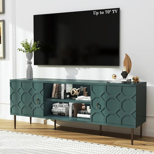 Modern TV Stand for 65/70inch TV, Entertainment Center with Storage Cabinet and Open Shelves, Embossed Pattern TV Stand, TV and Media Console for Living Room, Bedroom, Green