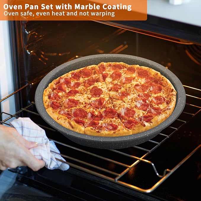 Baking Pans Set, Bakeware Sets with Grey Marble Coating, 5-Piece Baking Set for Oven, Nonstick Premium & Even Heating, Stackable, Carbon Steel, with Round/Square Cake Pan, Muffin, Bread Tin