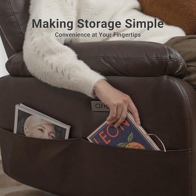 Claiks Power Swivel Rocker Recliner Chair, Oversized Recliner Chairs for Adults, PU Leather Overstuffed Reclining Chair with USB and Type-C Ports for Living Room, Dark Brown