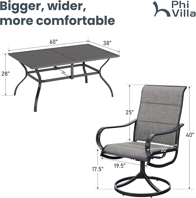 PHI VILLA 7 Piece Patio Dining Set for 6, 1 Large Metal Table and 6 Outdoor Dining Chairs with High Back and Padded Textilene, Outdoor Furniture Set for Garden, Yard