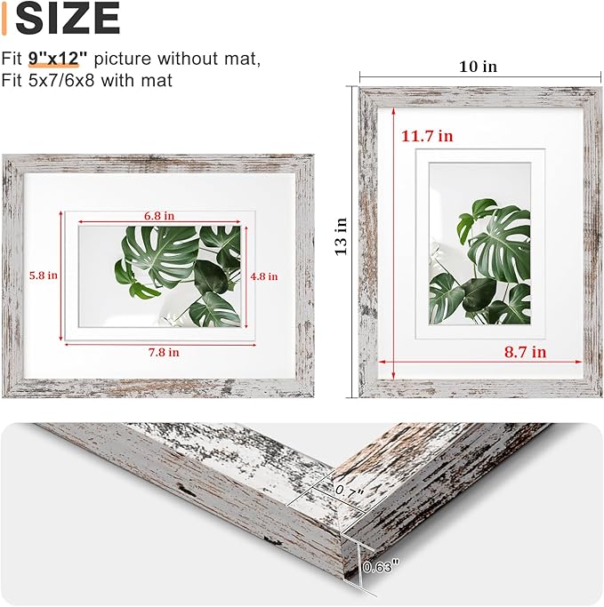 Egofine 9x12 Picture Frame Made of Solid Wood Rustic White Covered by Plexiglass, Wood Frame for Pictures 5x7/6x8 with Mat or 9x12 without Mat, Tabletop and Wall Mounting Display