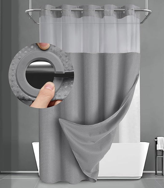 YellyHommy No Hook Shower Curtain with Snap in Liner Set Less Time Grey Waffle Shower Curtain for Bathroom 87" L x 72" W Gray
