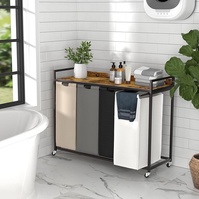Laundry Hamper with Shelf, Laundry Basket 4 Section, Laundry Sorter with Pull-Out Removable Large 4 Color Bags and Movable Wheels, Metal Frame, 4 x 15.87 Gallons (60L), Rustic Brown PF07XLN