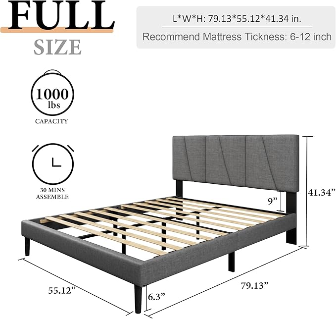 Full Size Platform Bed Frame with Modern Upholstered Headboard, Wooden Slats Support, Noise Free, No Box Spring Needed, Easy Assembly, Dark Grey, Linen