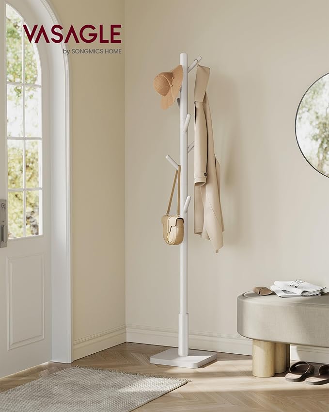 VASAGLE Solid Wood Coat Rack, Free Standing Hall Coat Tree with 8 Hooks, 3 Height Options, for Coats, Hats, Bags, Purses, for Entryway, Hallway, Rubberwood Hooks and Pole, Cappuccino Beige URCR010K01