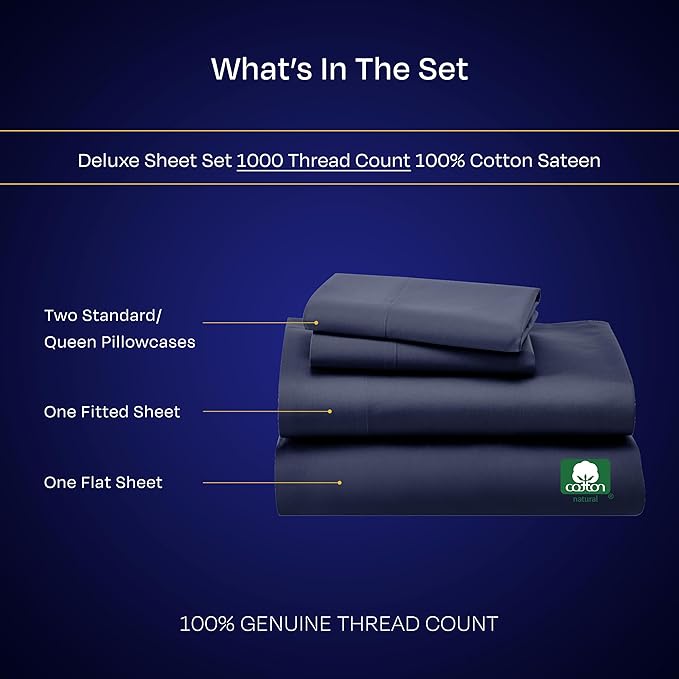 California Design Den Thick and Natural 100% Cotton Sheets Queen Size Bed Set - Luxury 1000 Thread Count Sateen, Deep Pockets, Soft, Breathable and Durable Bedding Sheets & Pillowcases - Navy Blue