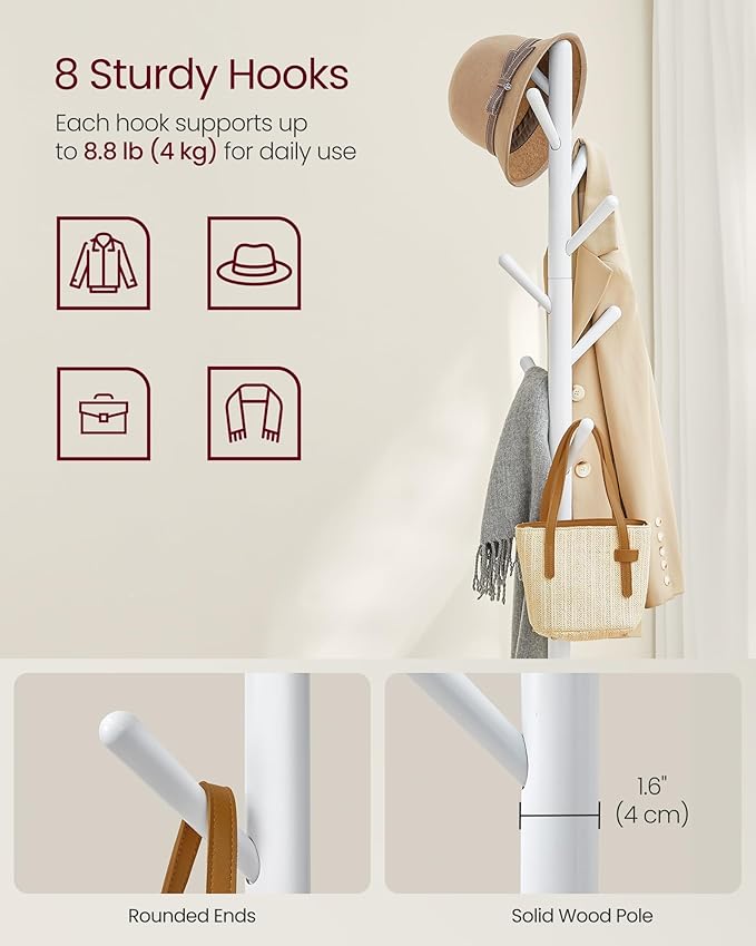 VASAGLE Coat Rack, Free Standing Coat Stand, Hall Coat Tree with 8 Hooks and Storage Shelf, 67.2 Inch Tall, for Coats, Hats, Bags, for Entryway, Hallway, Bedroom, Cloud White URCR040W01